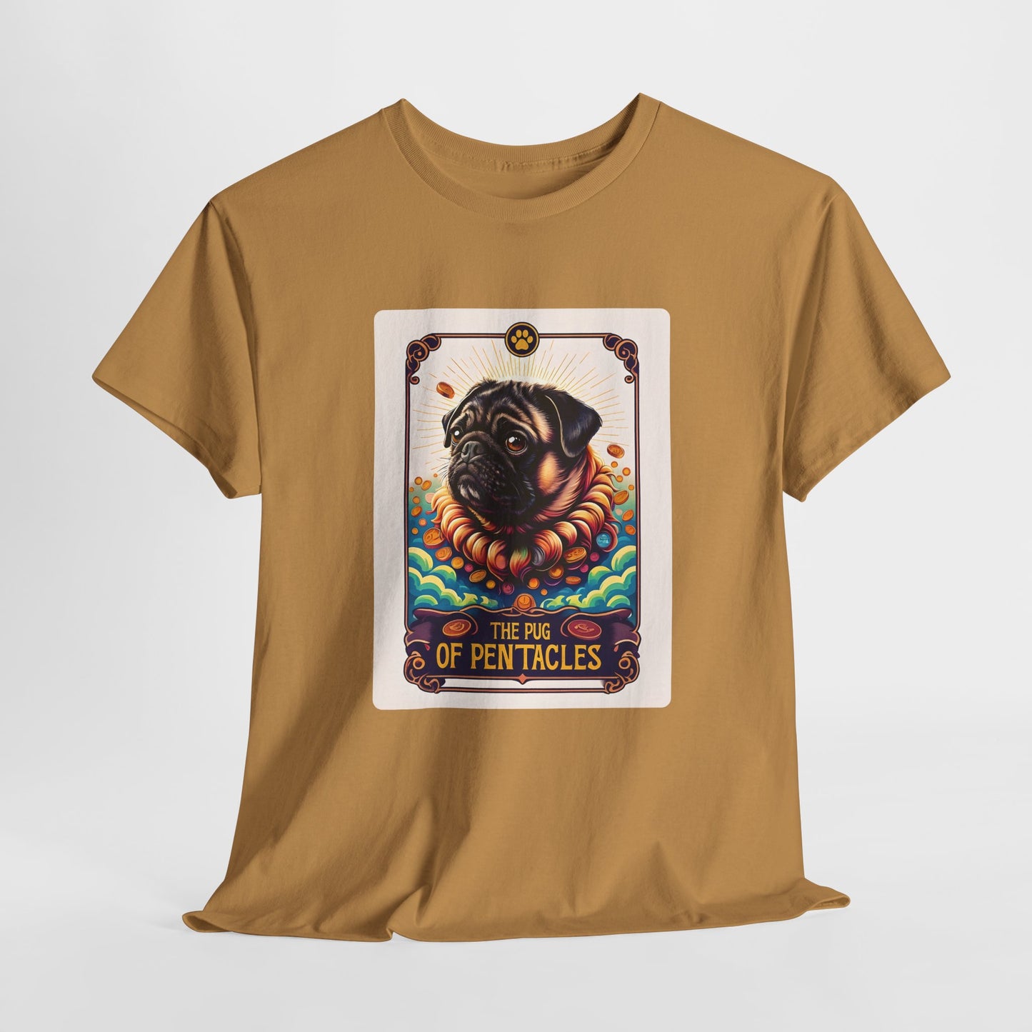 Brown t-shirt with a graphic of a pug on a card design, featuring the text 'The Pug of Pentacles', on a white background.
