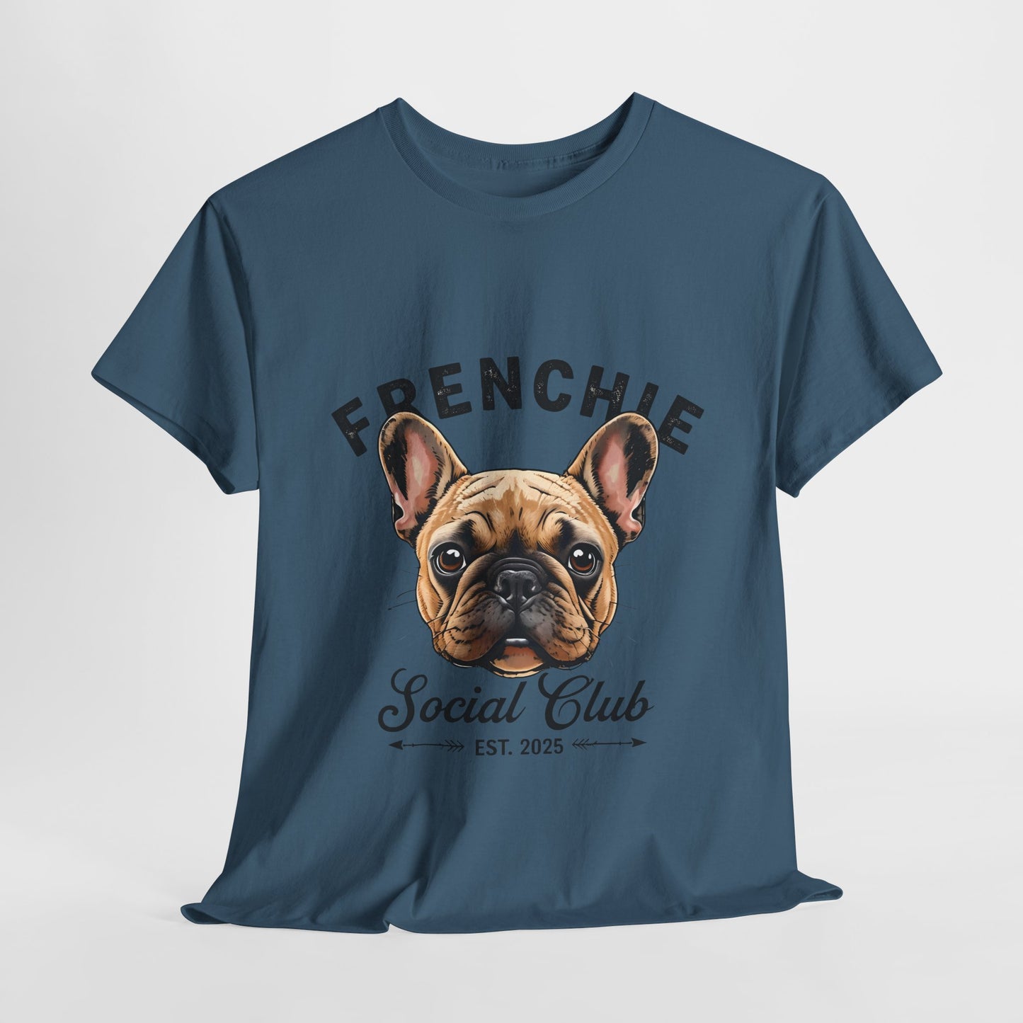 Blue t-shirt with a French Bulldog graphic and 'FRENCHIE Social Club' text on a light gray background