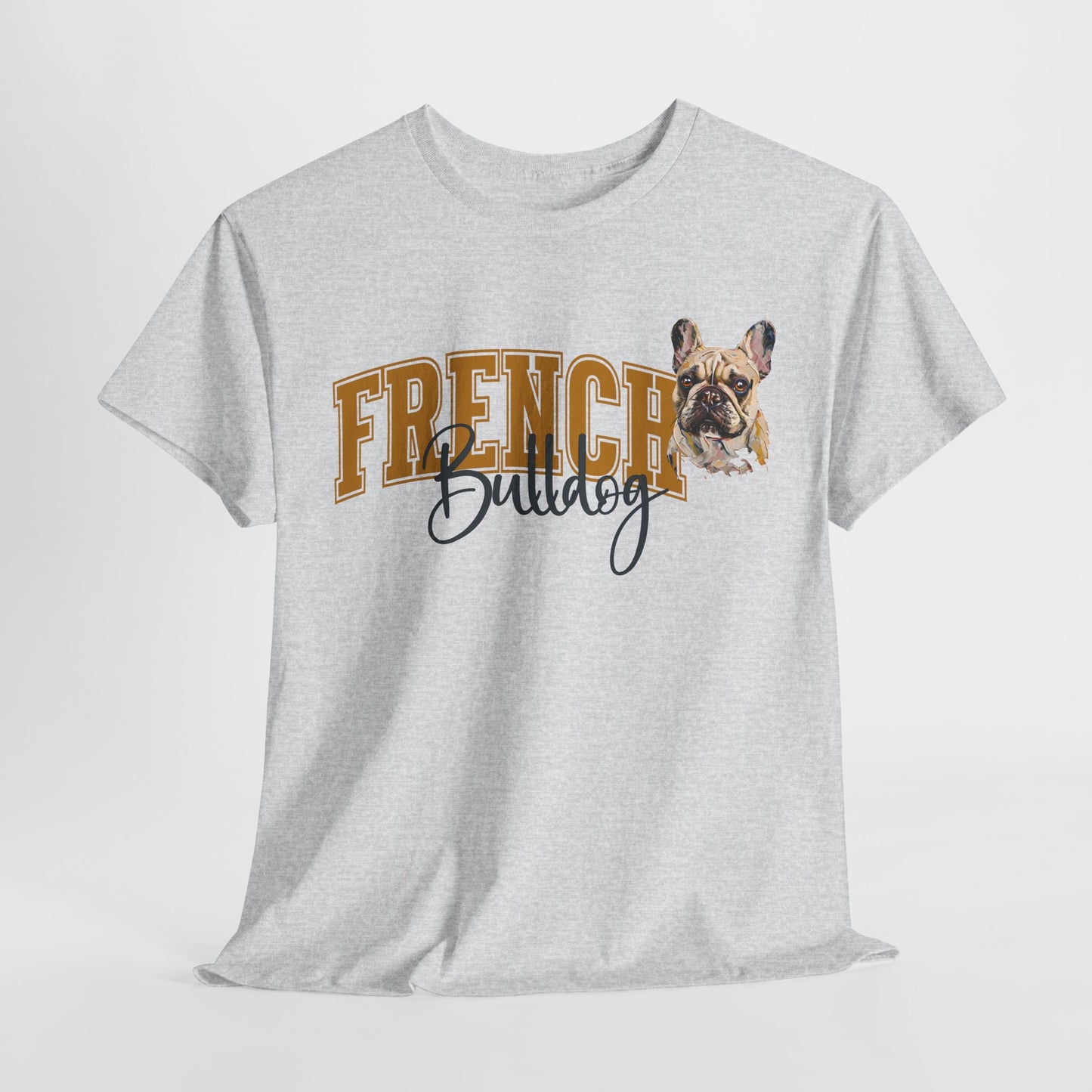 Gray t-shirt with 'French Bulldog' text and dog graphic on a white background