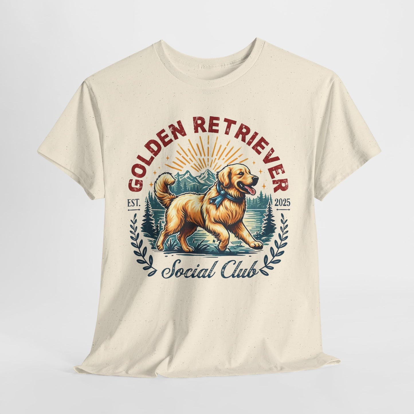 Beige t-shirt with a Golden Retriever graphic and text on a white background