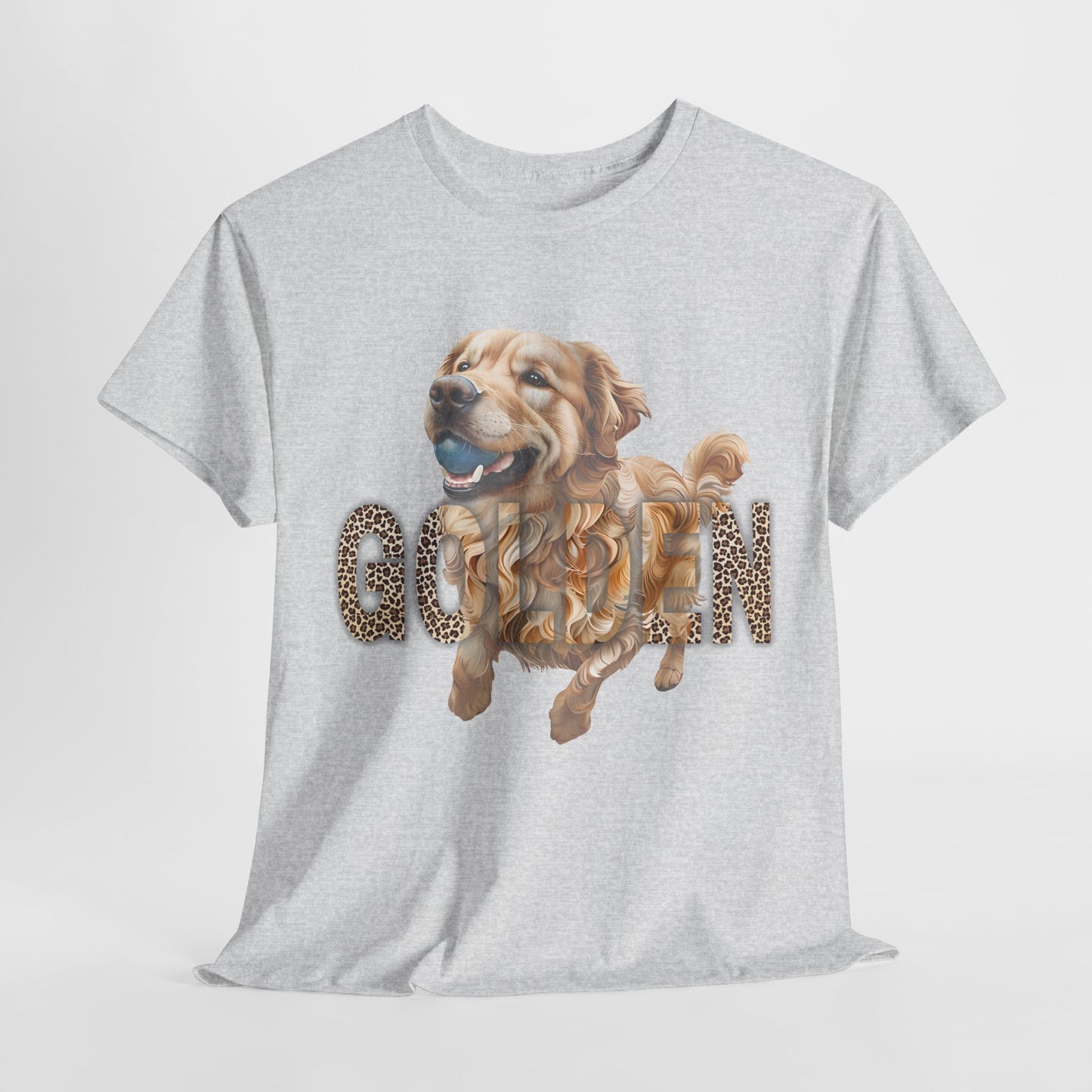 Gray t-shirt with a graphic of a golden retriever and 'GOLDEN' text on a white background
