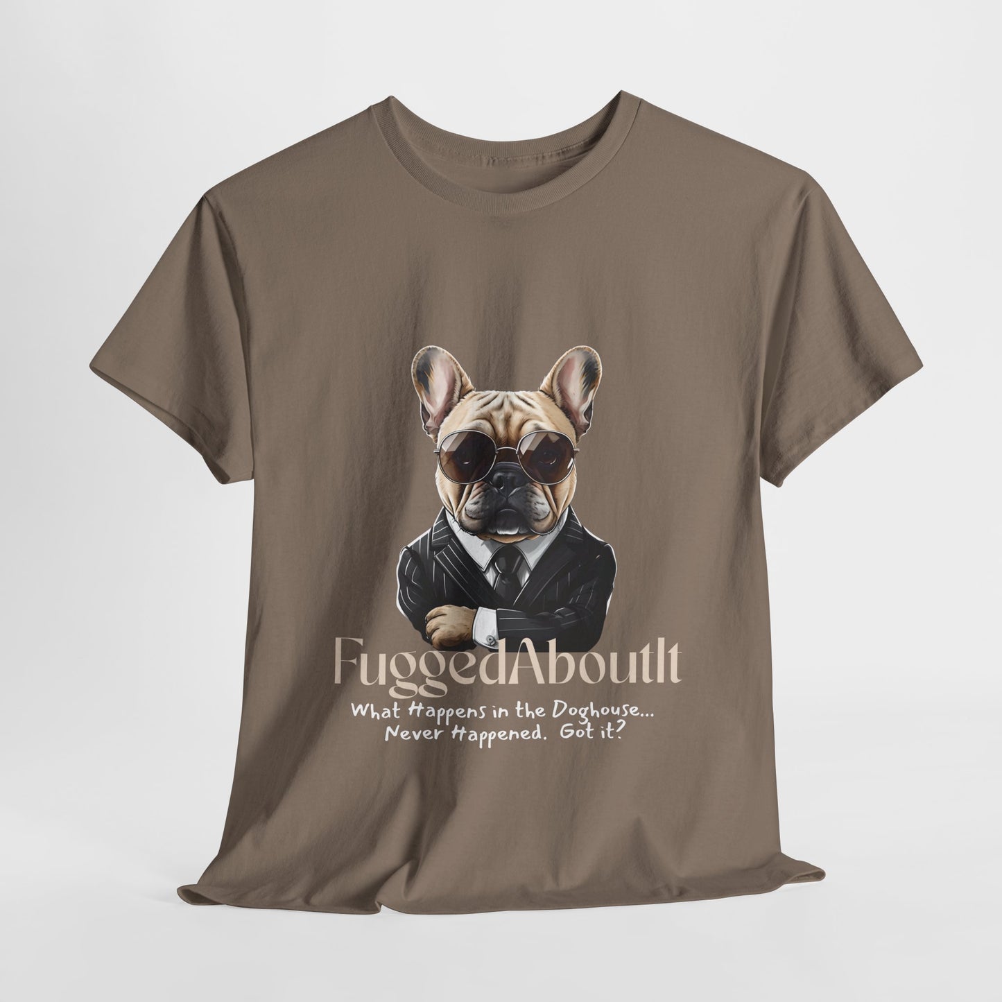 Brown t-shirt with a graphic of a dog wearing sunglasses and a suit, and text on a white background.