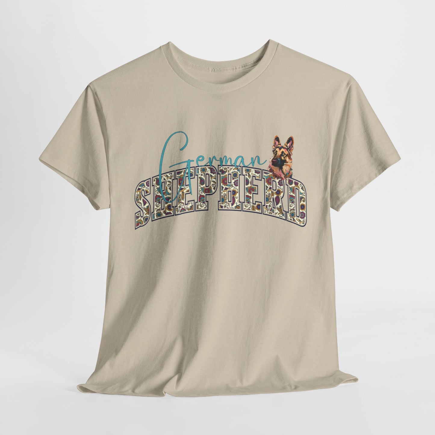 Beige t-shirt with 'German Shepherd' text and dog graphic on a white background