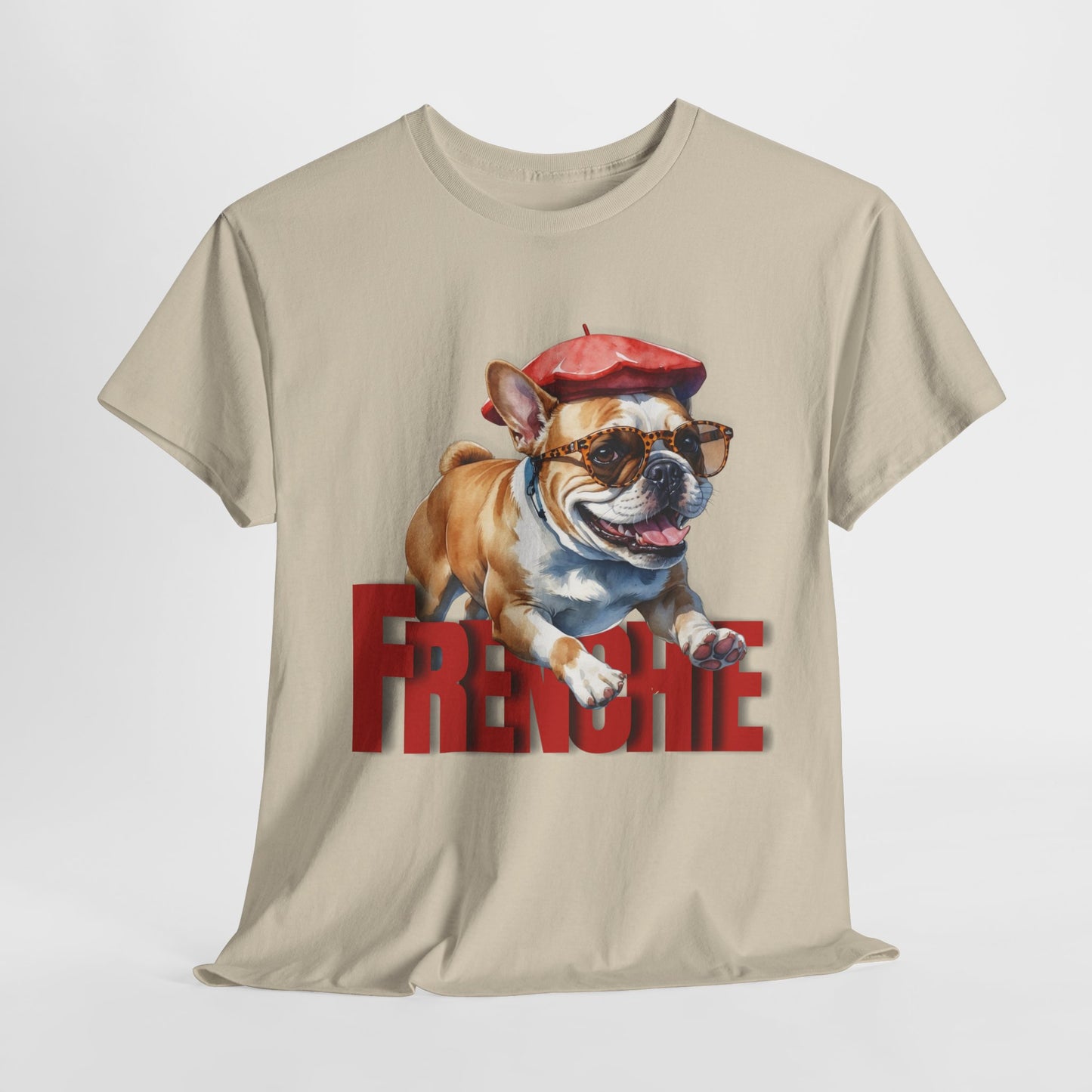 Beige t-shirt with a graphic of a bulldog wearing a red beret and sunglasses, and the word 'FRENCHIE' below.