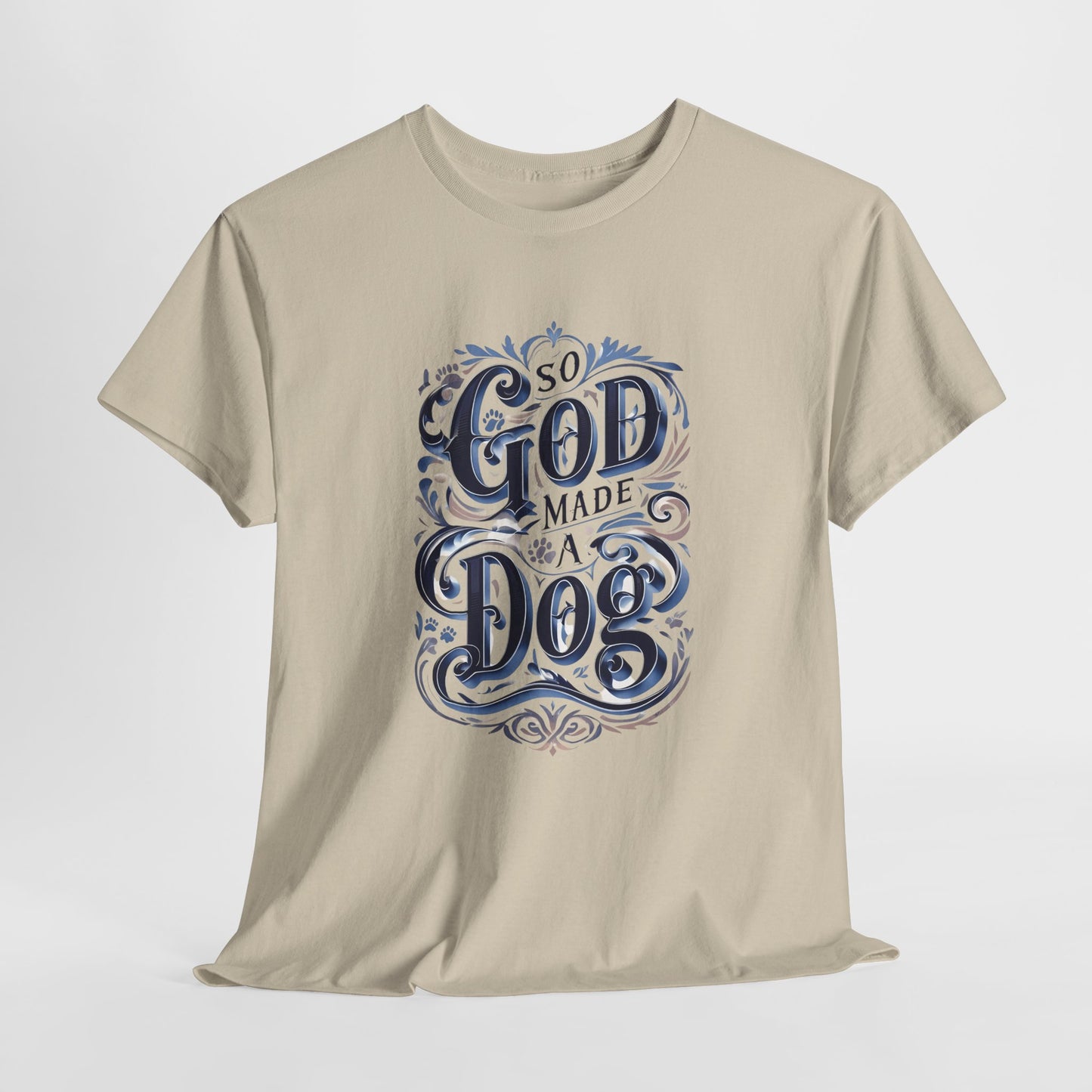 Beige t-shirt with blue and black graphic design on a white background