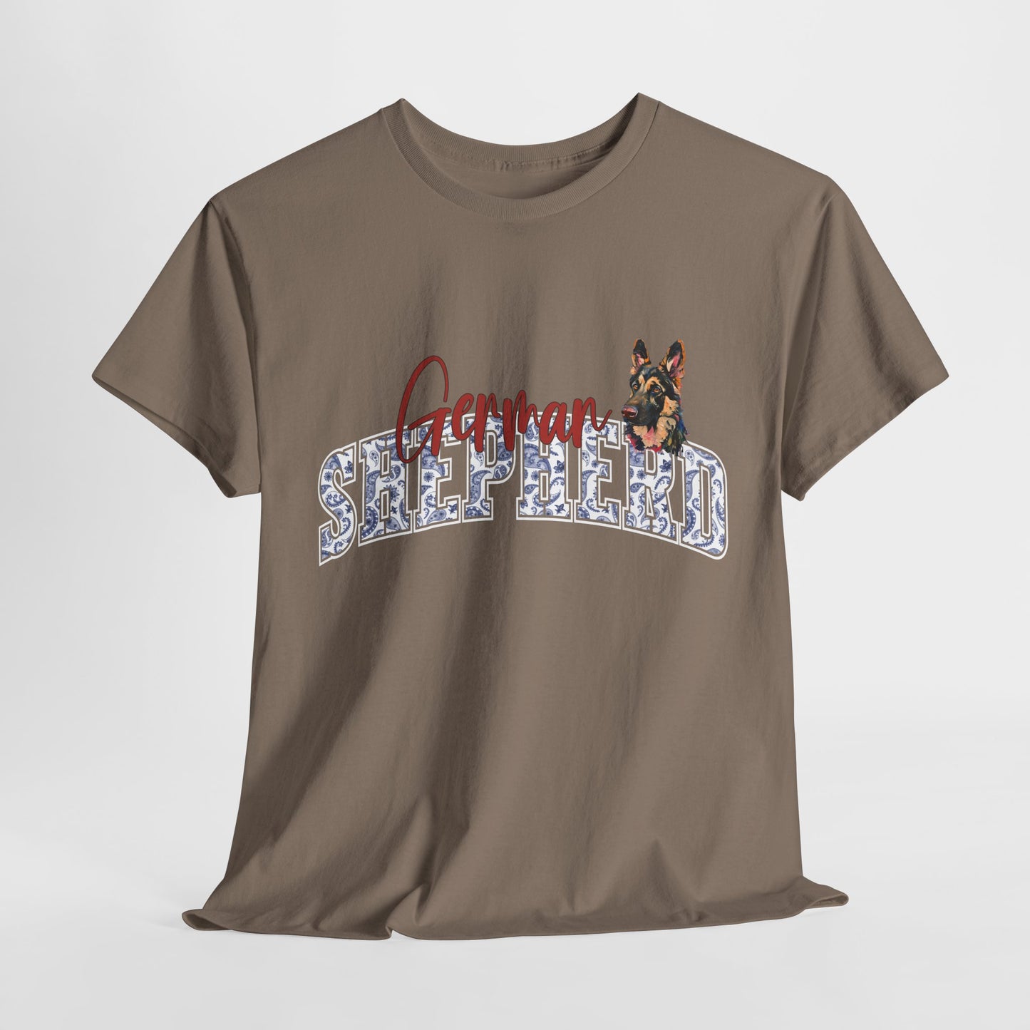 Brown t-shirt with a German Shepherd graphic and text on a light gray background