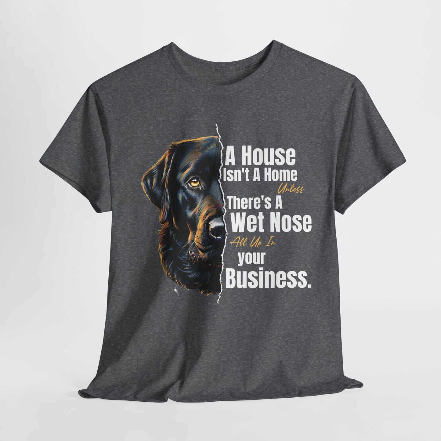 Gray t-shirt with a dog graphic and humorous text on a white background