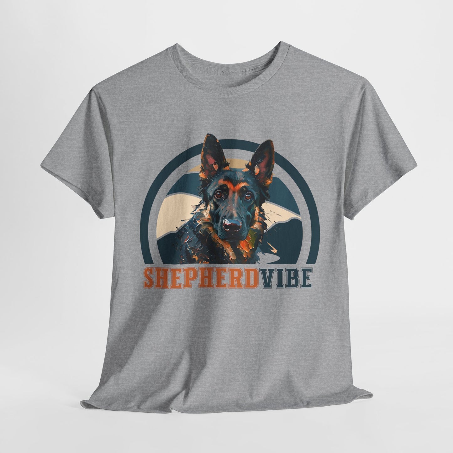 Gray t-shirt with a dog graphic and 'Shepherd Vibe' text on a white background