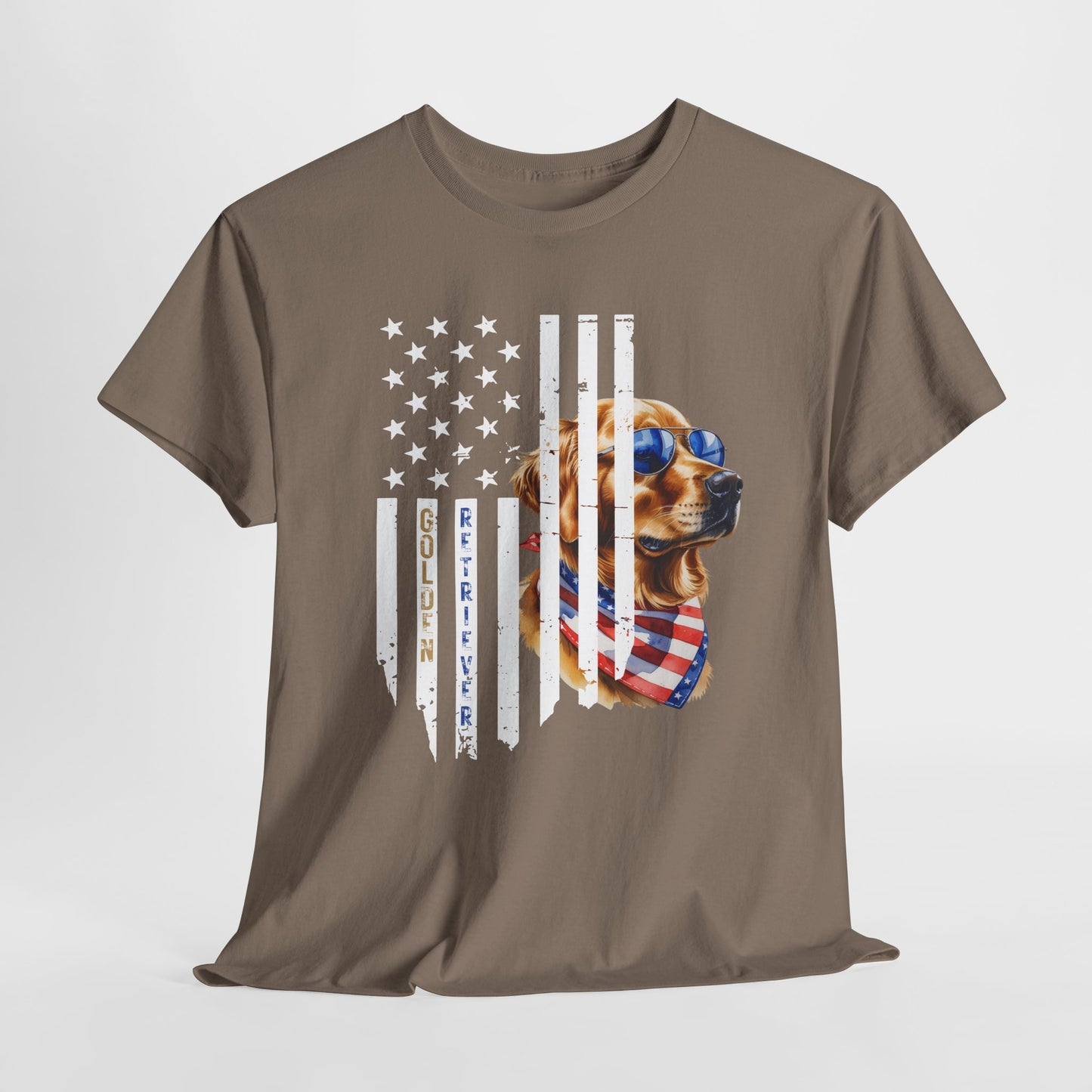 Brown t-shirt with a dog graphic and American flag design on a white background