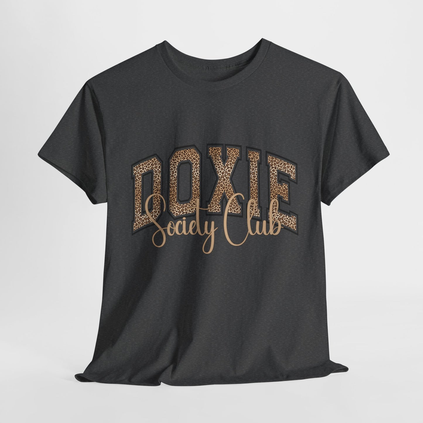 Black t-shirt with 'Doxie Society Club' text on a light gray background