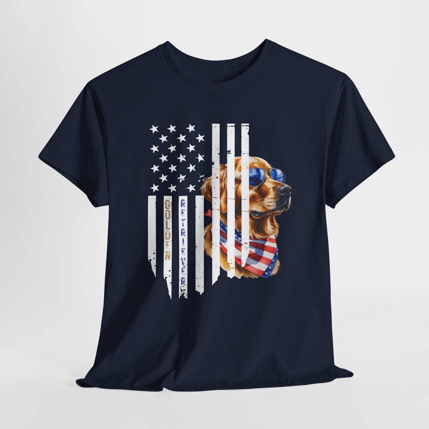 Navy blue t-shirt with a dog wearing sunglasses and an American flag design on a white background