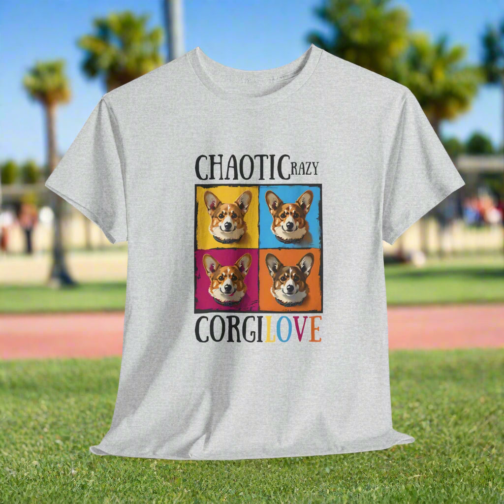 Ash t-shirt with colorful corgi graphic and text on a white background