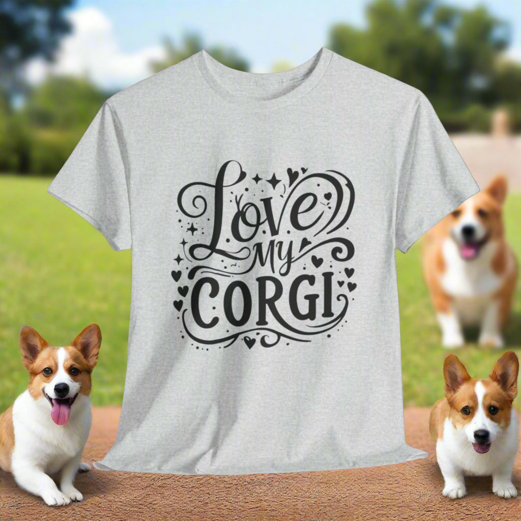 Ash t-shirt with 'Love my Corgi' text on a white background