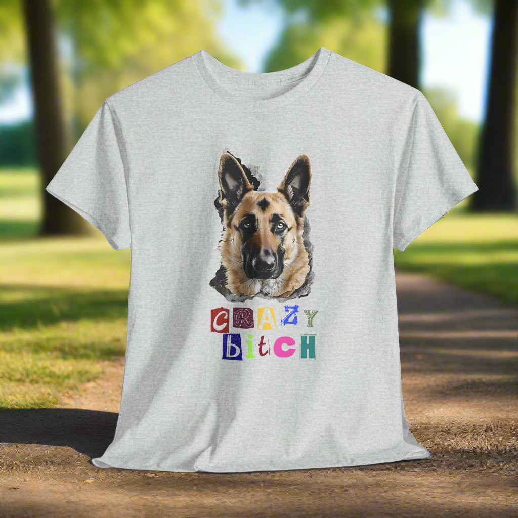 Ash t-shirt with a German Shepherd graphic and colorful text on a white background