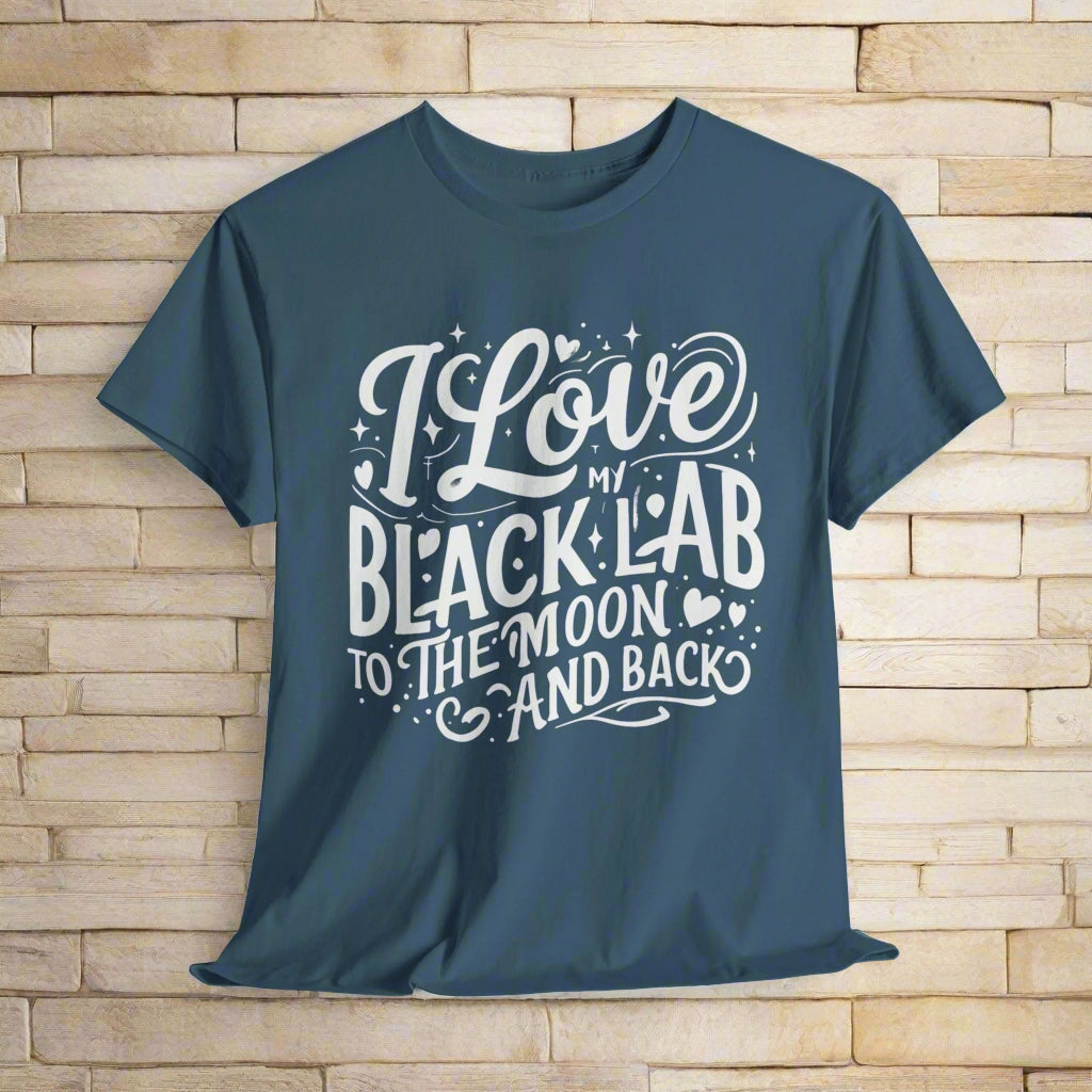 Black lab dog shirt To the Moon and Back in indigo blue