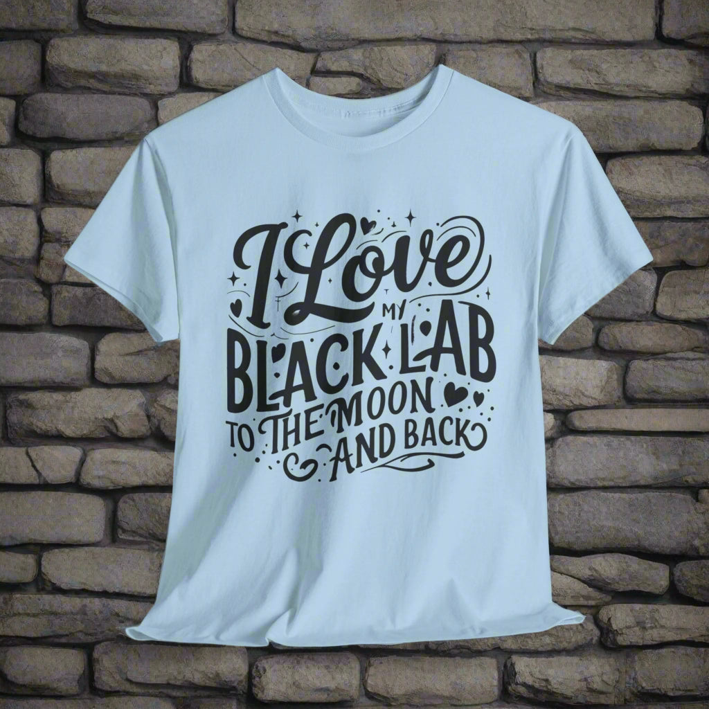 Black lab dog shirt To the Moon and Back in light blue