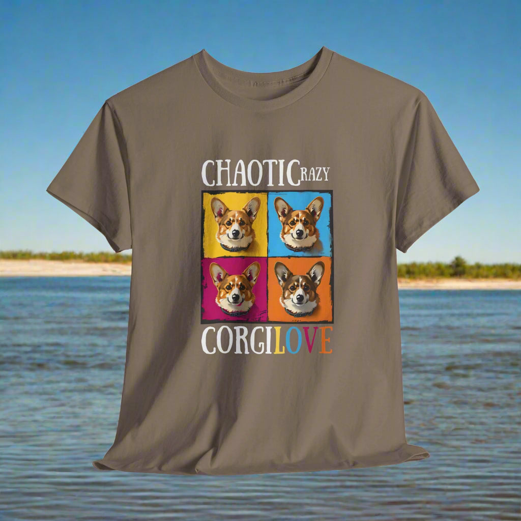 Brown t-shirt with colorful corgi graphic and text on a white background