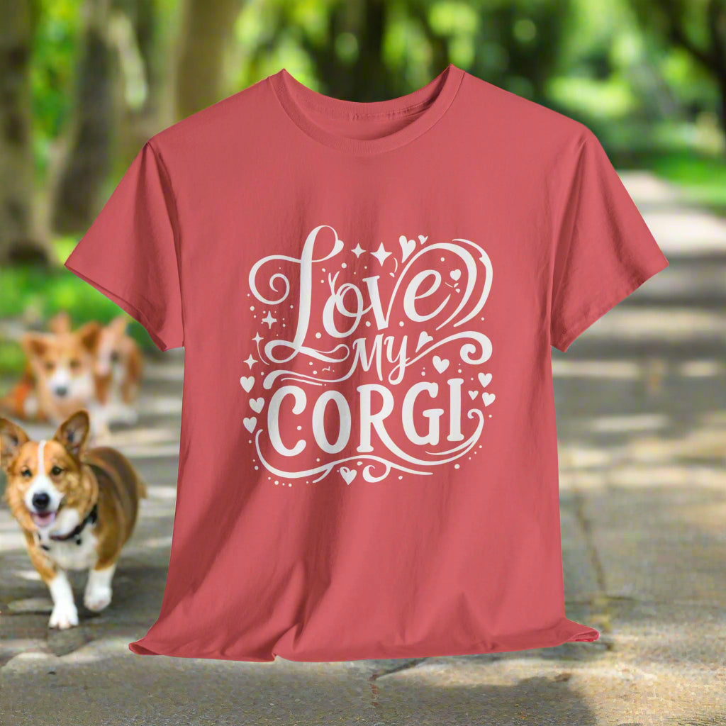 Coral silk t-shirt with 'Love My Corgi' text on a white background