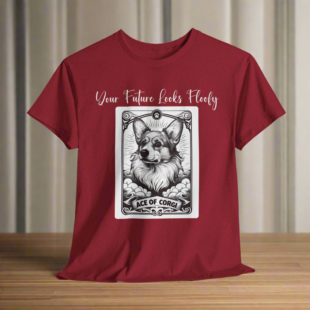 Corgi TShirt Tarot Card Ace of Corgi in Antique Cherry Red with a graphic of a dog tarot card