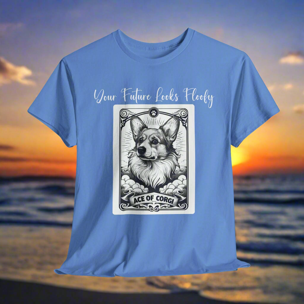 Corgi TShirt Tarot Card Ace of Corgi in Carolina Blue with a graphic of a dog tarot card