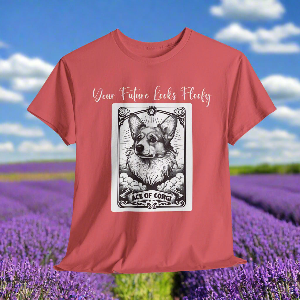 Corgi TShirt Tarot Card Ace of Corgi in Coral Silk with a graphic of a dog tarot card