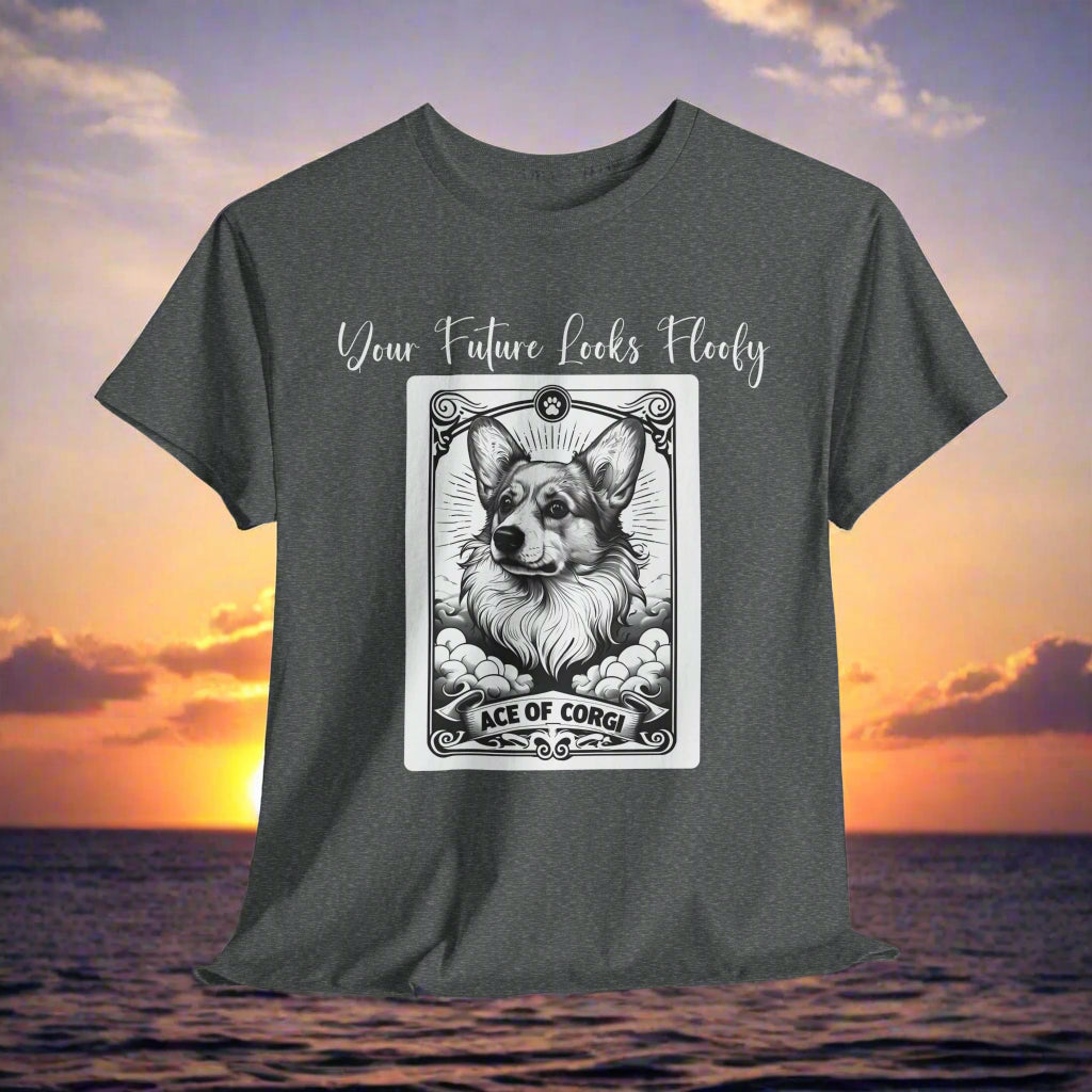 Corgi TShirt Tarot Card Ace of Corgi in Graphite Heather with a graphic of a dog tarot card