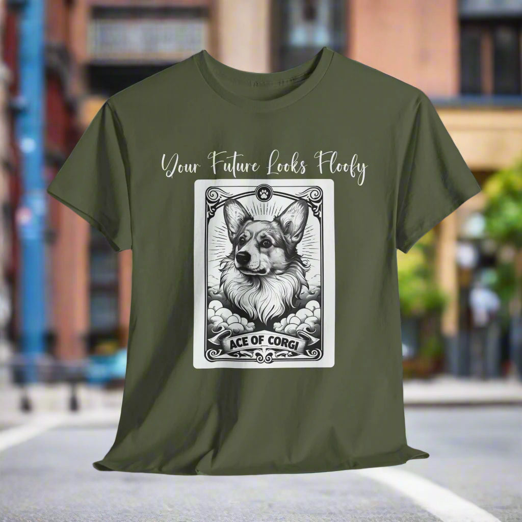Corgi TShirt Tarot Card Ace of Corgi in Military Green with a dog tarot card illustration