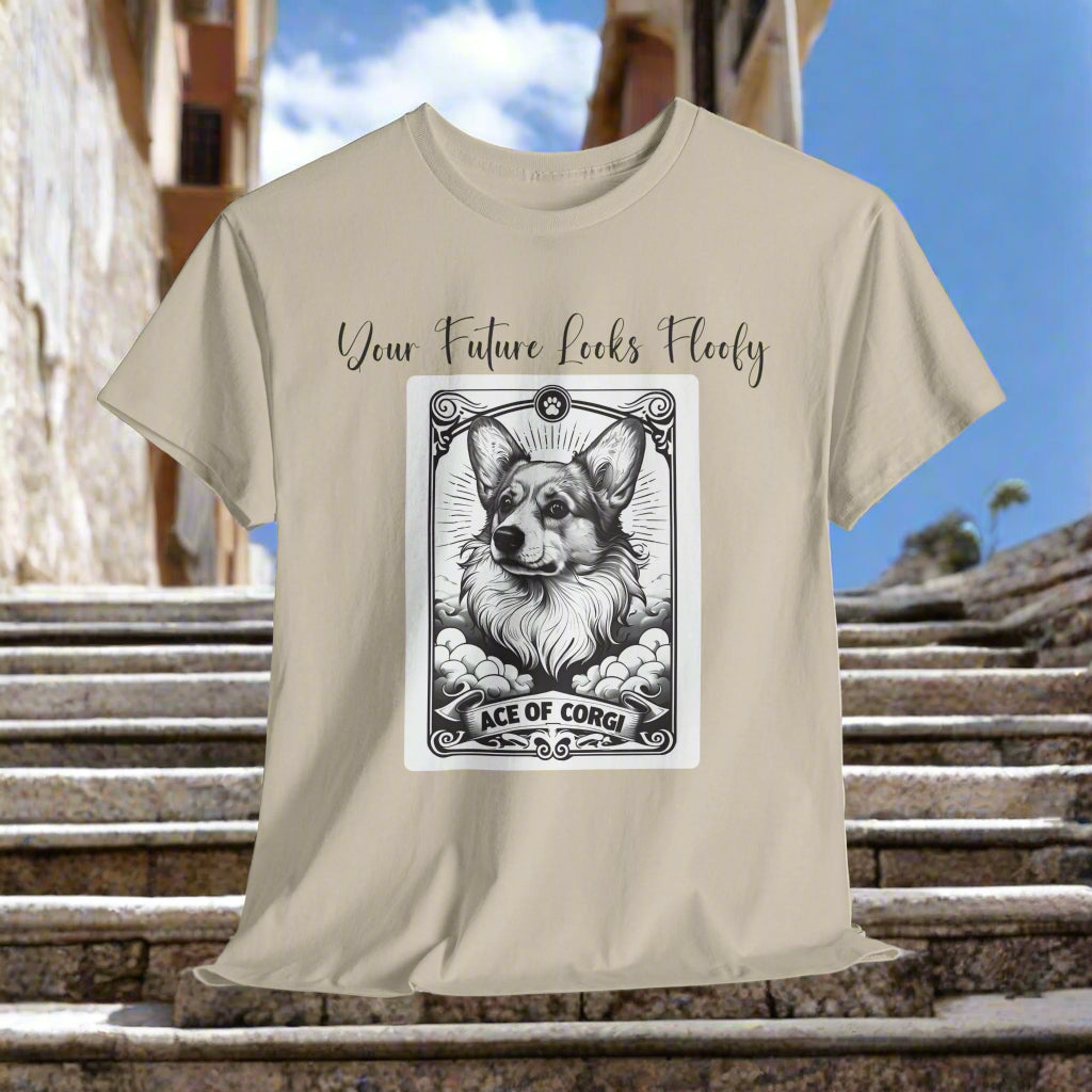 Corgi TShirt Tarot Card Ace of Corgi in Sand with a graphic of a dog tarot card
