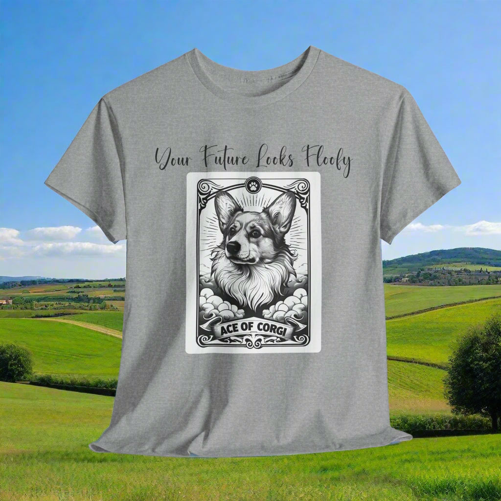 Corgi TShirt Tarot Card Ace of Corgi in Sports Gray with a graphic of a dog tarot card