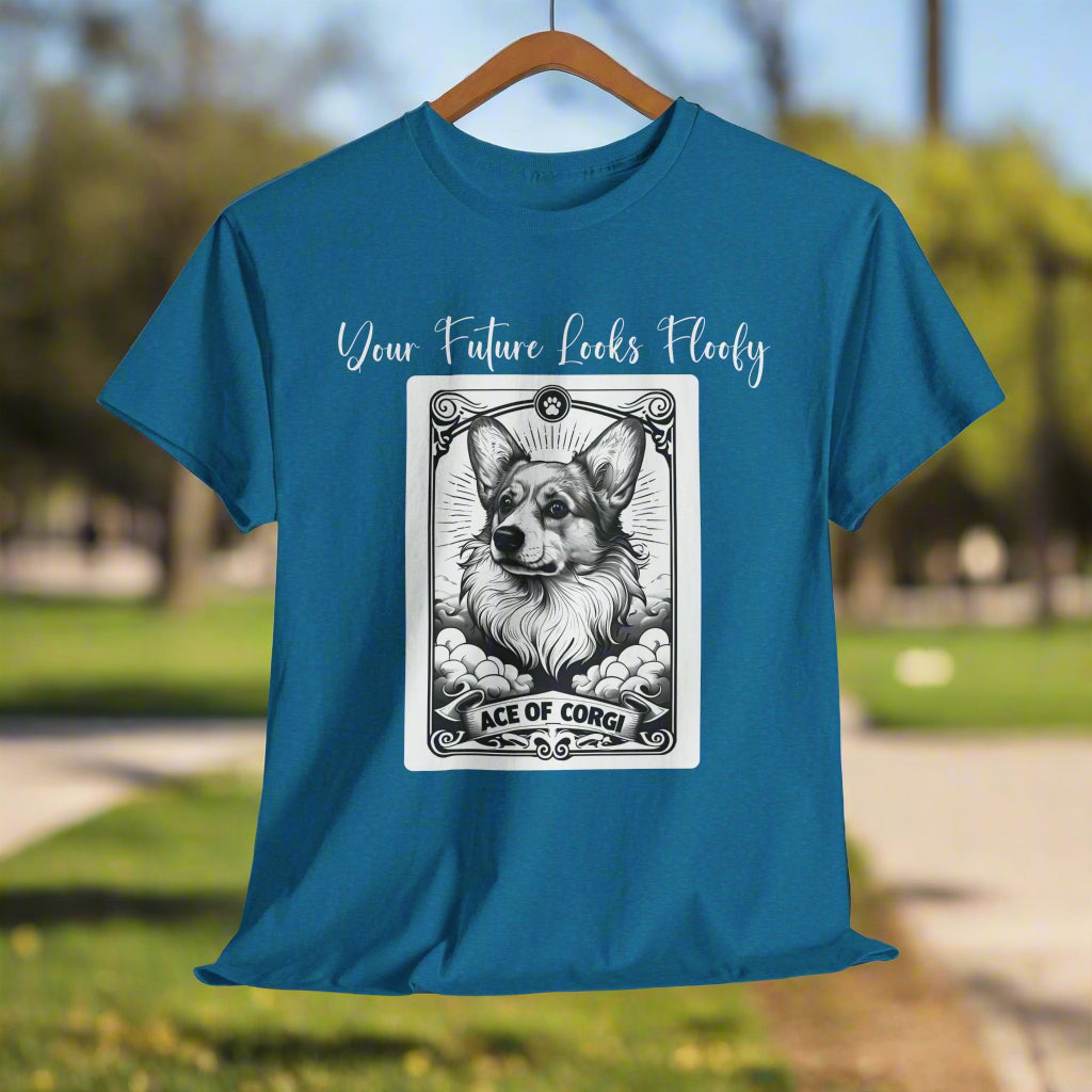 Corgi TShirt Tarot Card Ace of Corgi in Sapphire Blue t-shirt with a dog tarot card
