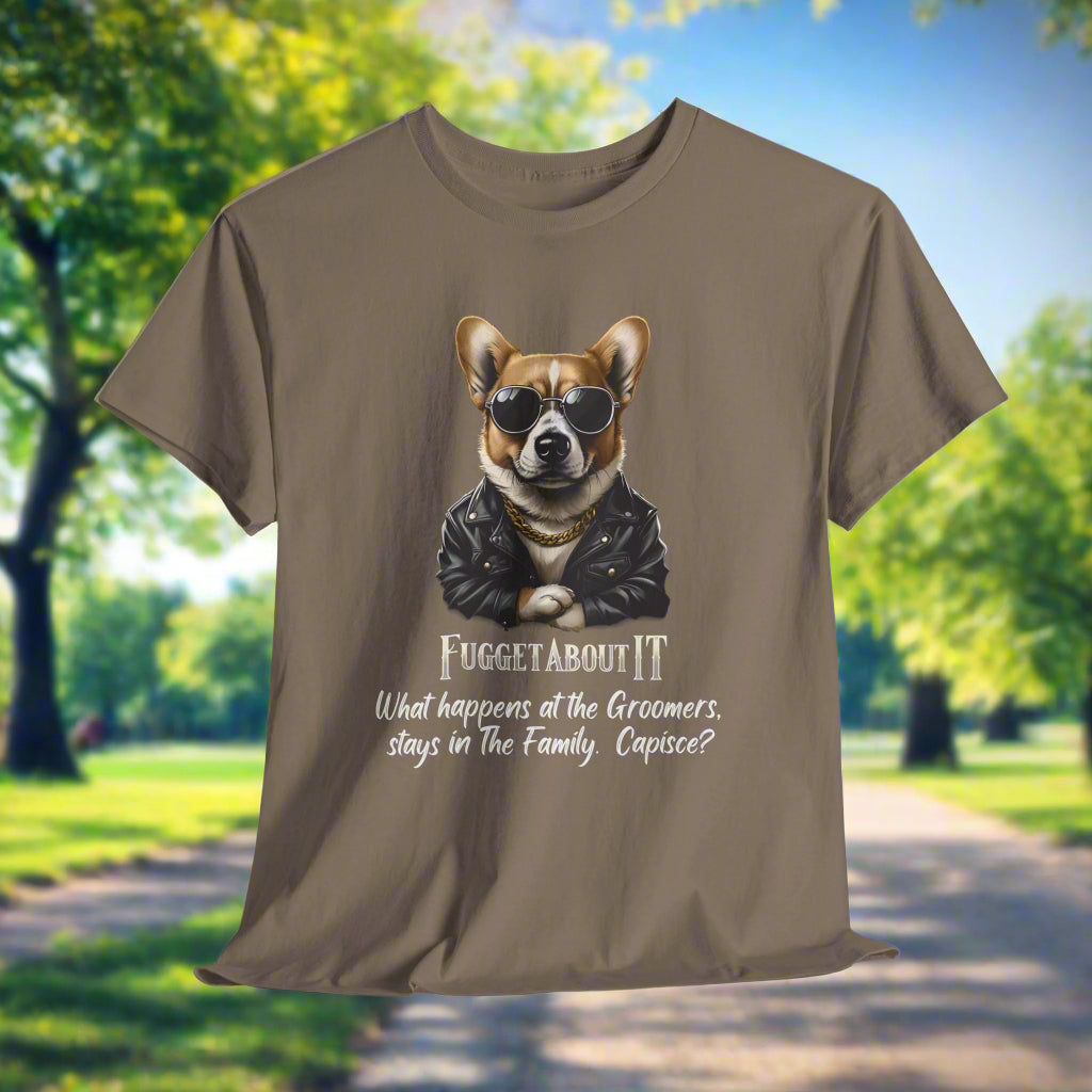 Corgi tshirt Fugget About It Groomers in Brown Savana with a dog graphic and text on a white background