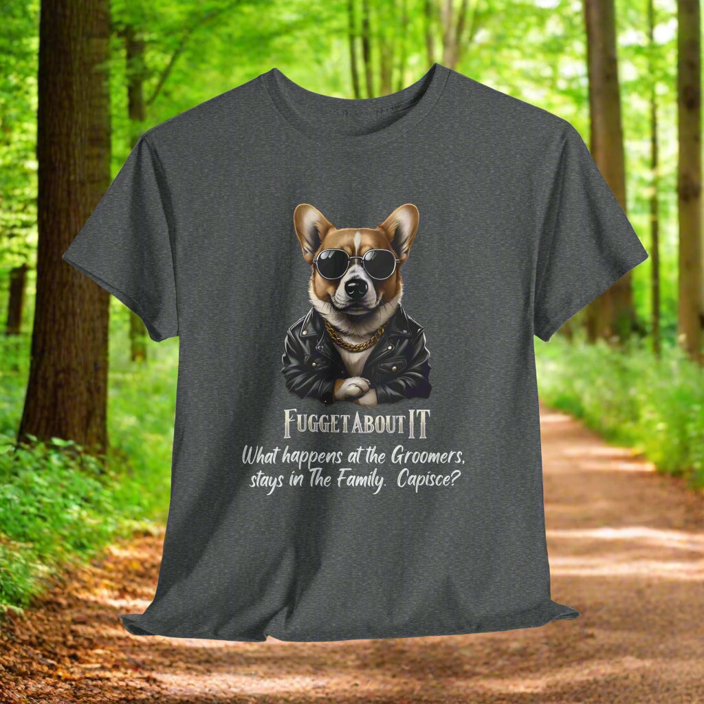 Corgi tshirt Fugget About It Groomers in Dark Heather with a dog graphic and text