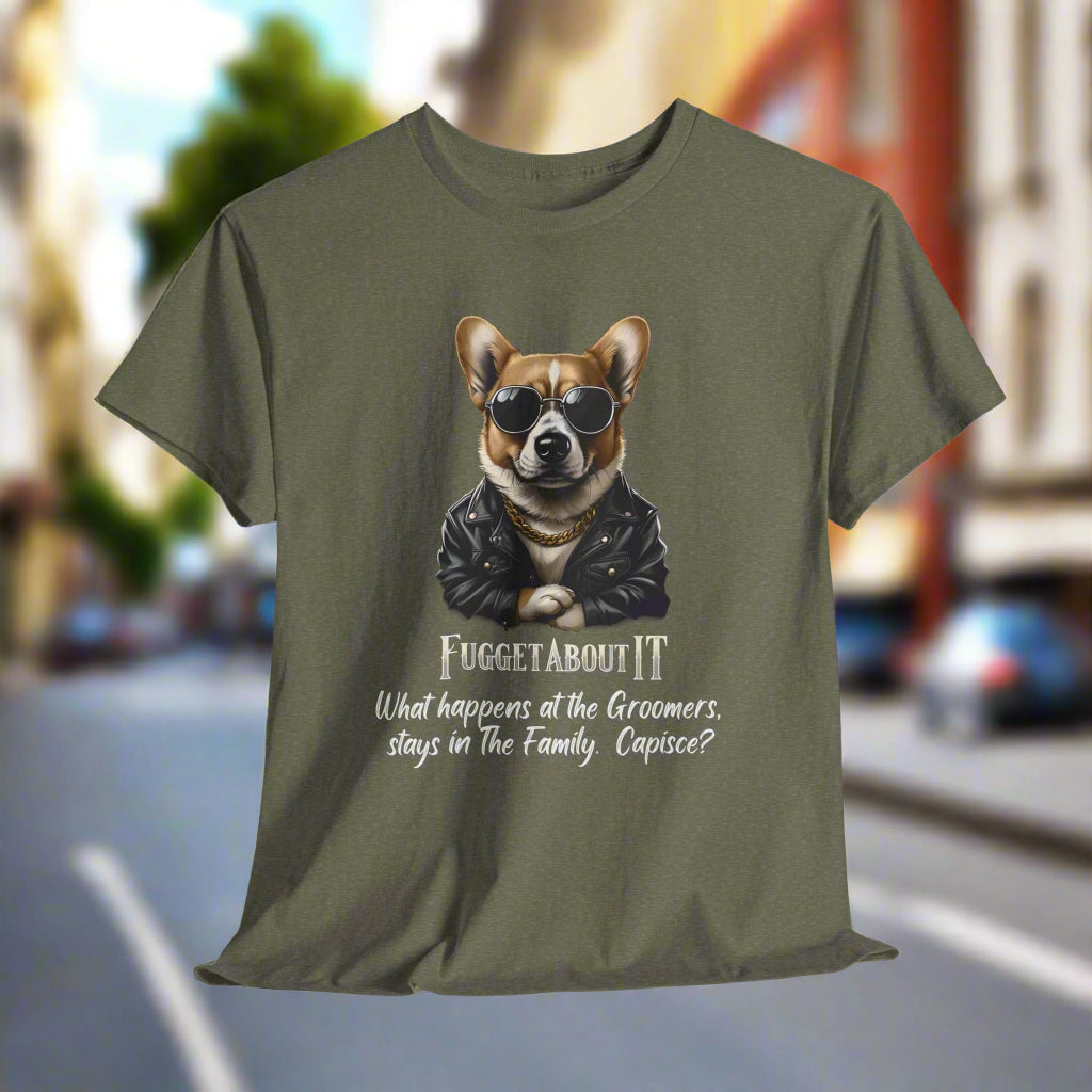 Corgi tshirt Fugget About It Groomers in Heather Military Green with a dog graphic and text on a white background