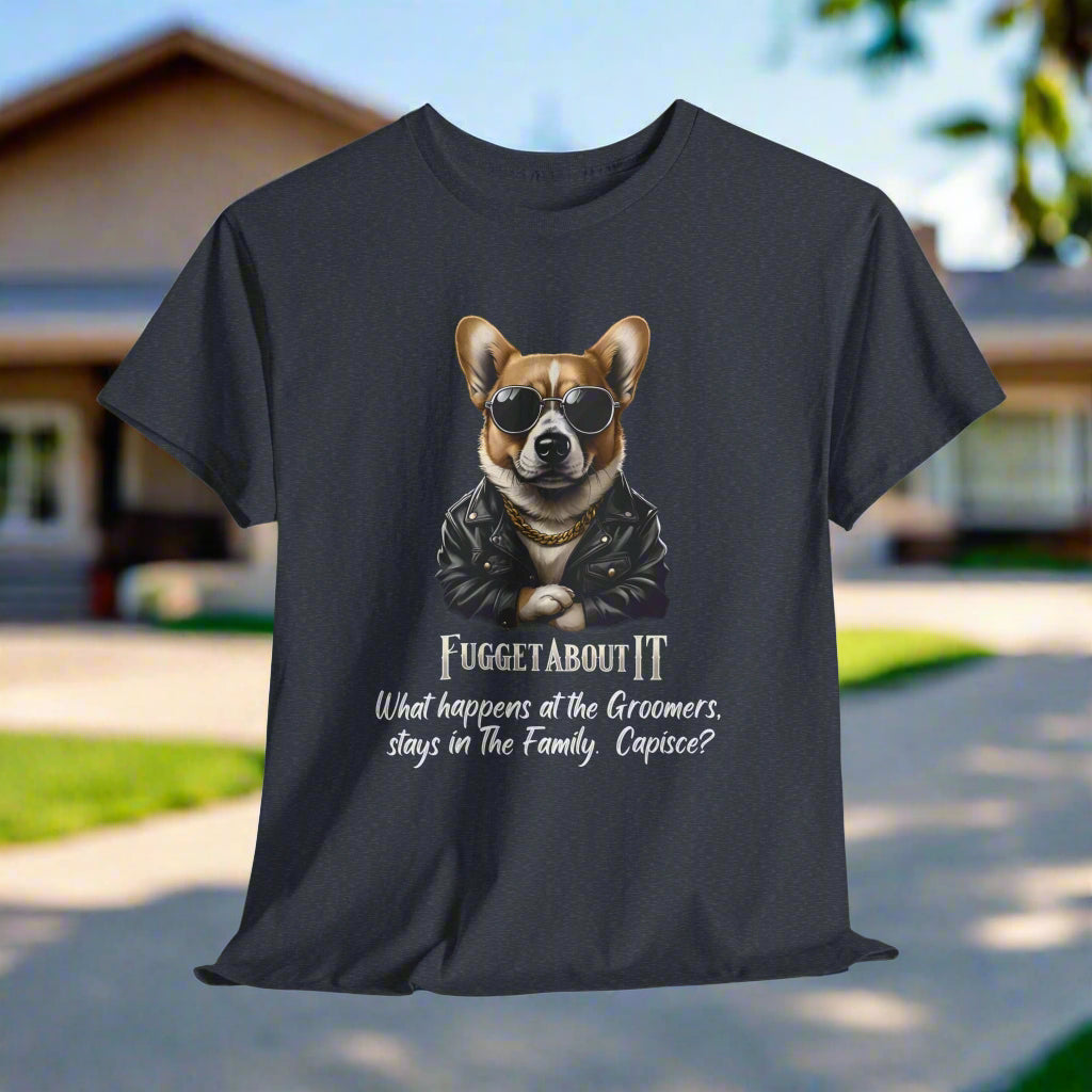 Corgi tshirt Fugget About It Groomers in Heather Navy with a dog graphic and humorous text on a light gray background