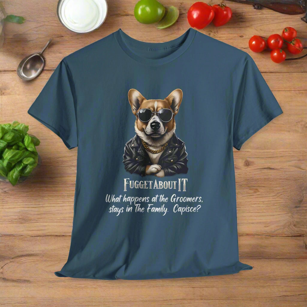 Corgi tshirt Fugget About It Groomers in Indigo blue with a dog graphic and humorous text