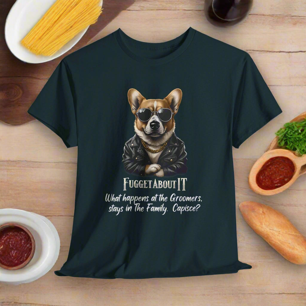 Corgi tshirt Fugget About It Groomers in Midnight with a dog graphic and humorous text