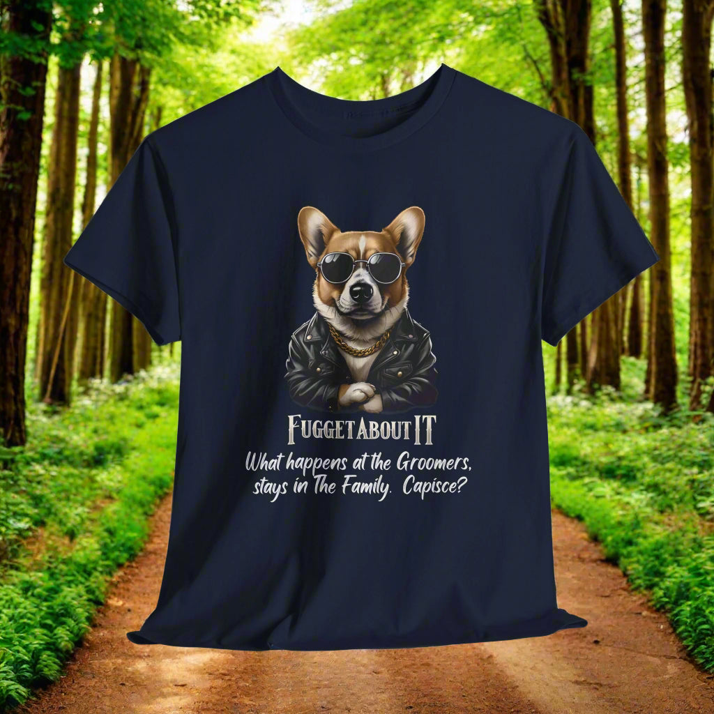 Corgi tshirt Fugget About It Groomers in Navy with a dog graphic and humorous text
