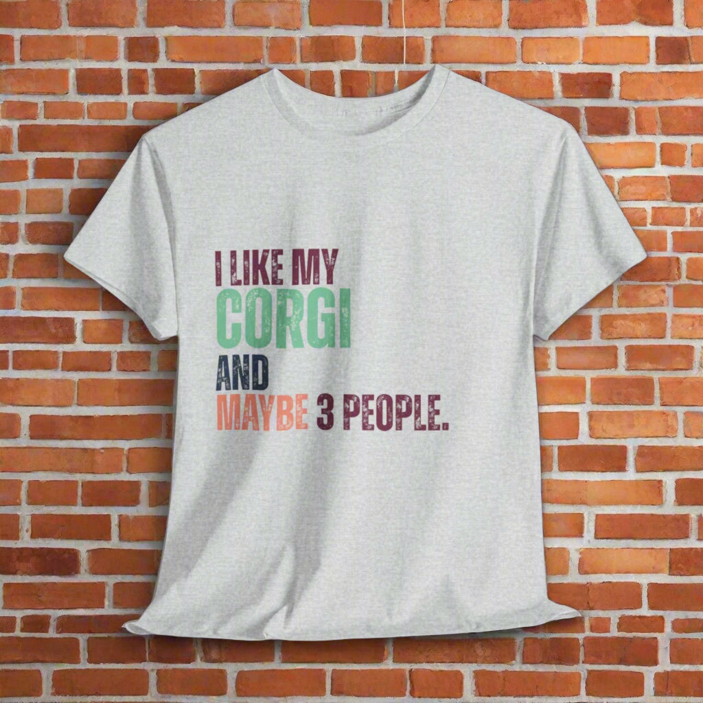 Ash corgi tshirt with colorful text 'I LIKE MY CORGI AND MAYBE 3 PEOPLE.' on a white background