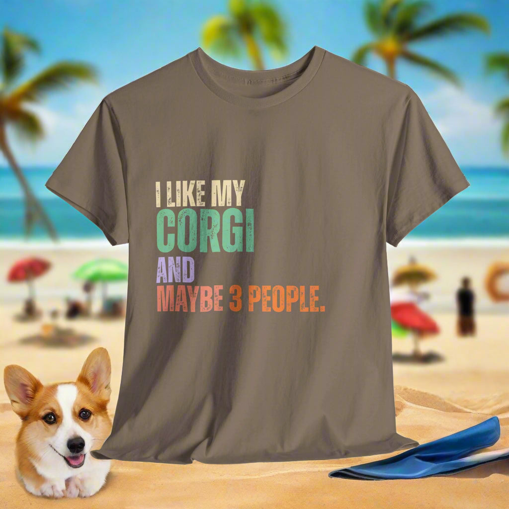 Brown savana corgi tshirt with colorful text on a white background