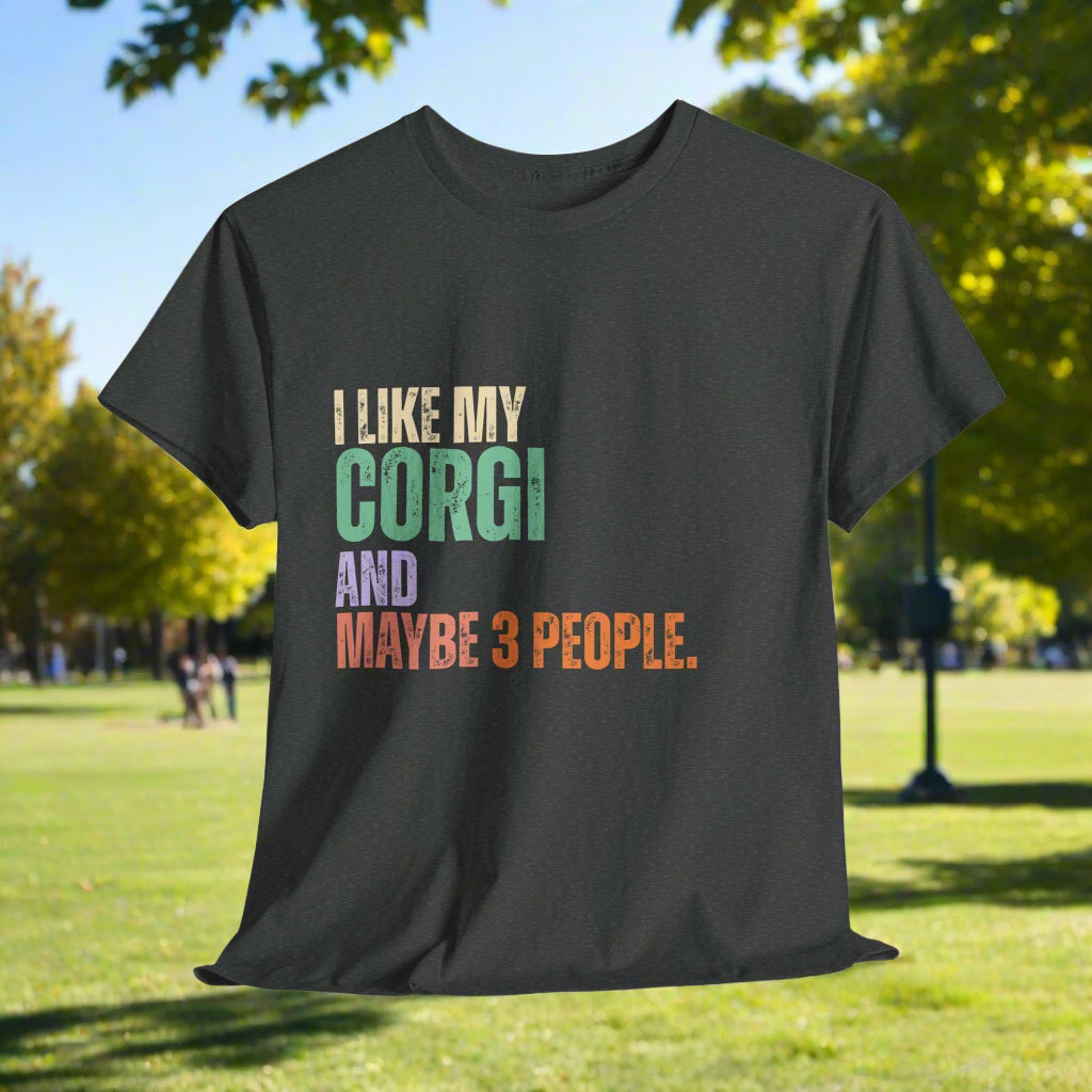 Dark Heather corgi tshirt with colorful text