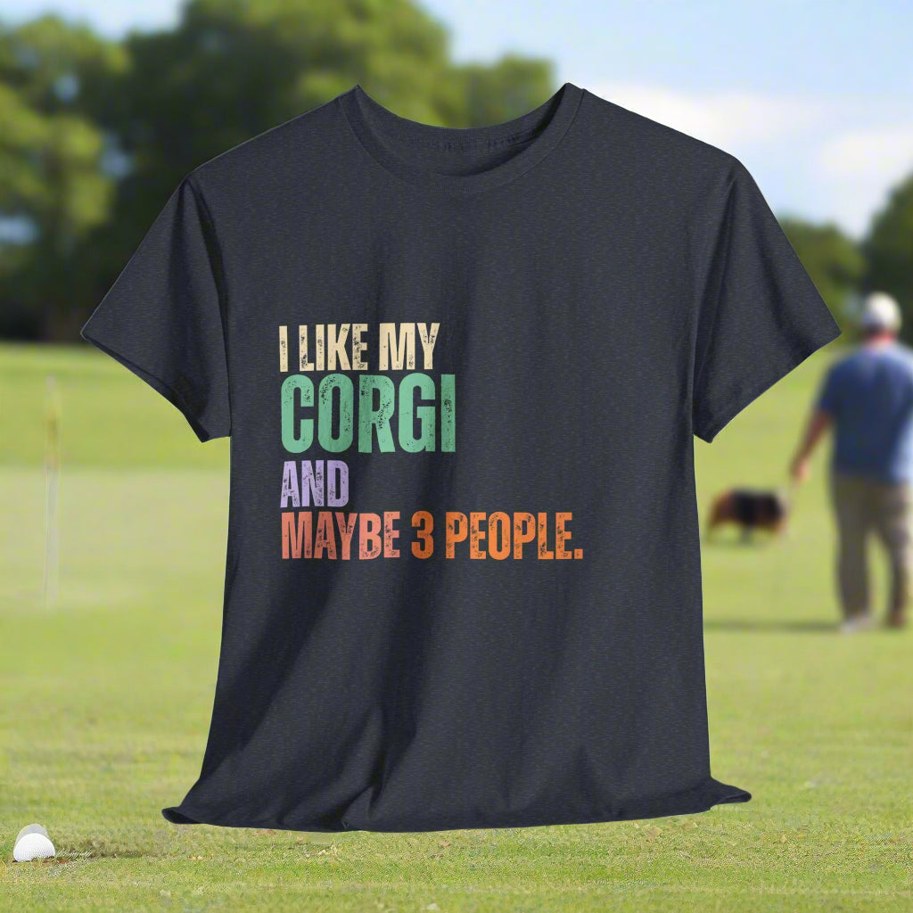 Heather Navy corgi tshirt with colorful text 'I LIKE MY CORGI AND MAYBE 3 PEOPLE.' on a light gray background