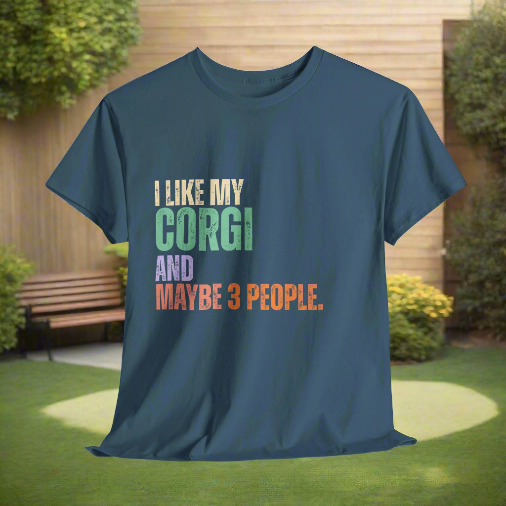 Indigo Blue corgi tshirt with colorful text on a light gray background
