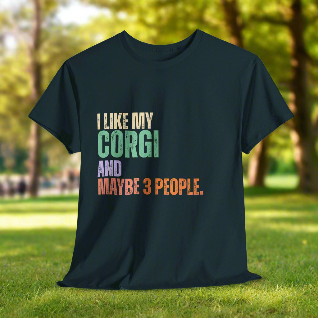 Midnight corgi tshirt with colorful text 'I LIKE MY CORGI AND MAYBE 3 PEOPLE.'