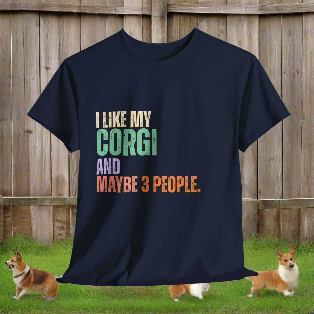 Navy corgi tshirt with colorful text on a light gray background