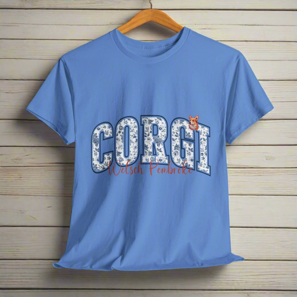 Corgi tshirt with text, Corgi Welsh Pembroke with small dog portrait in Carolina Blue