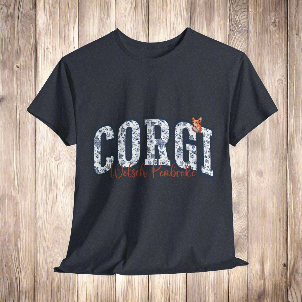 Corgi tshirt with text, Corgi Welsh Pembroke with small dog portrait in Dark Heather