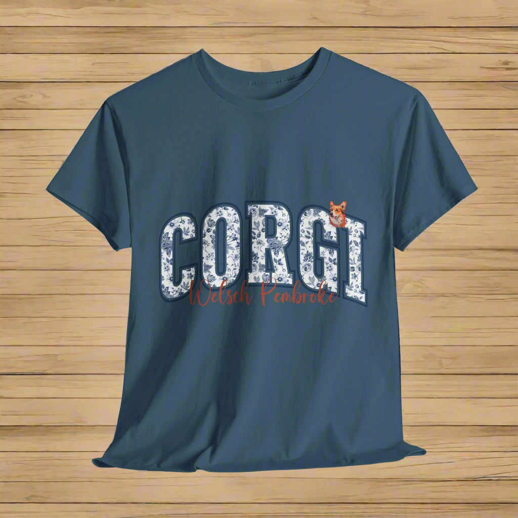 Corgi tshirt with text, Corgi Welsh Pembroke with small dog portrait in Indigo Blue