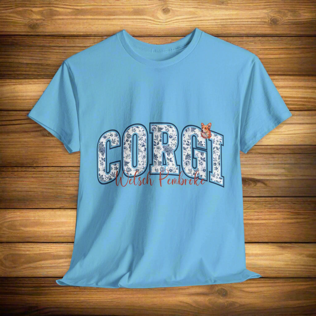 Corgi tshirt with text, Corgi Welsh Pembroke with small dog portrait in light blue