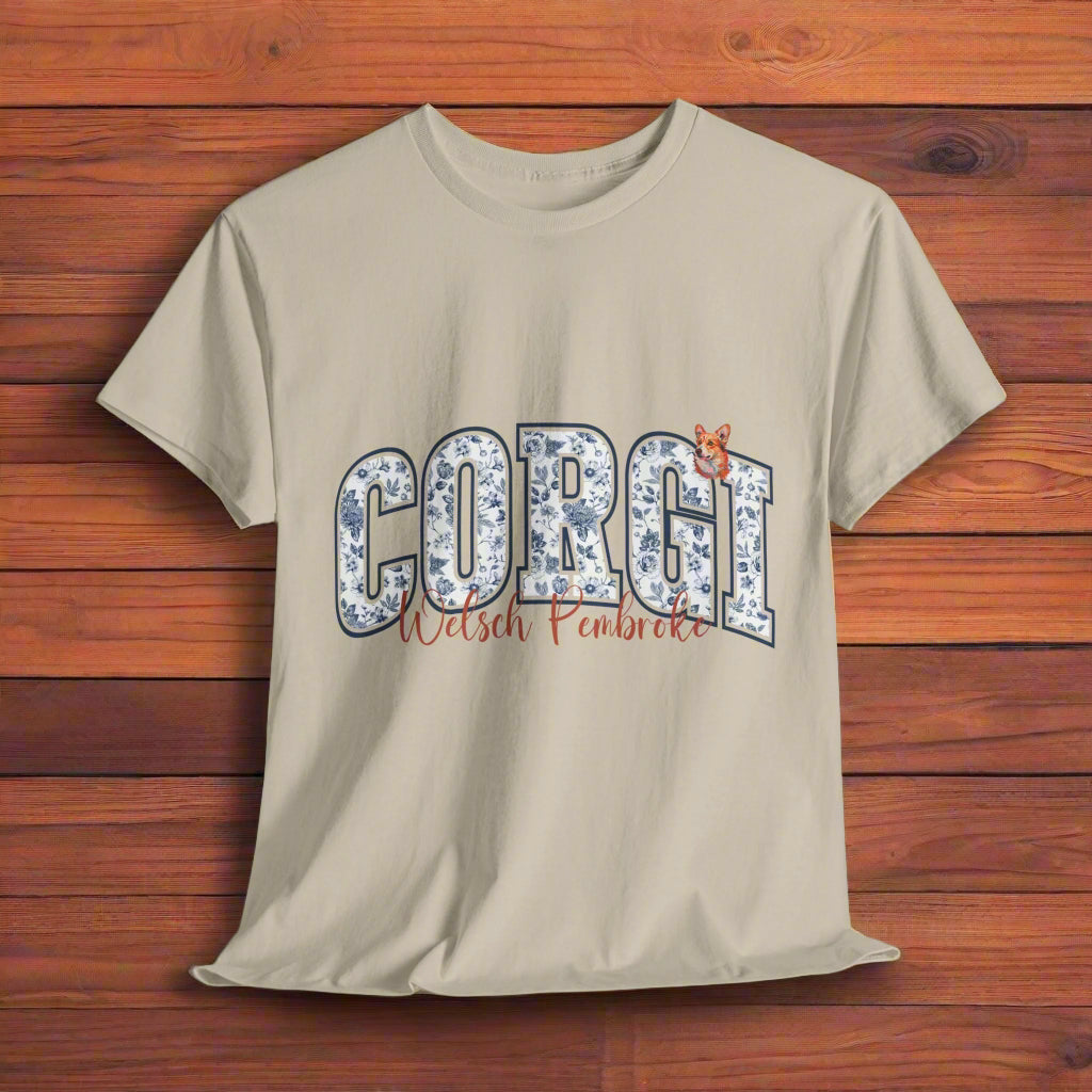 sand tshirt with floral text 'Corgi' and dog icon