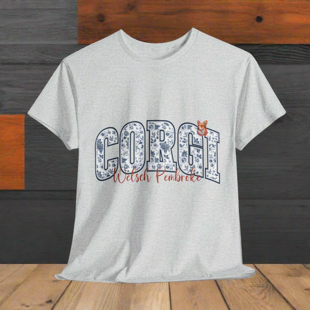Corgi tshirt with text, Corgi Welsh Pembroke with small dog portrait in ash